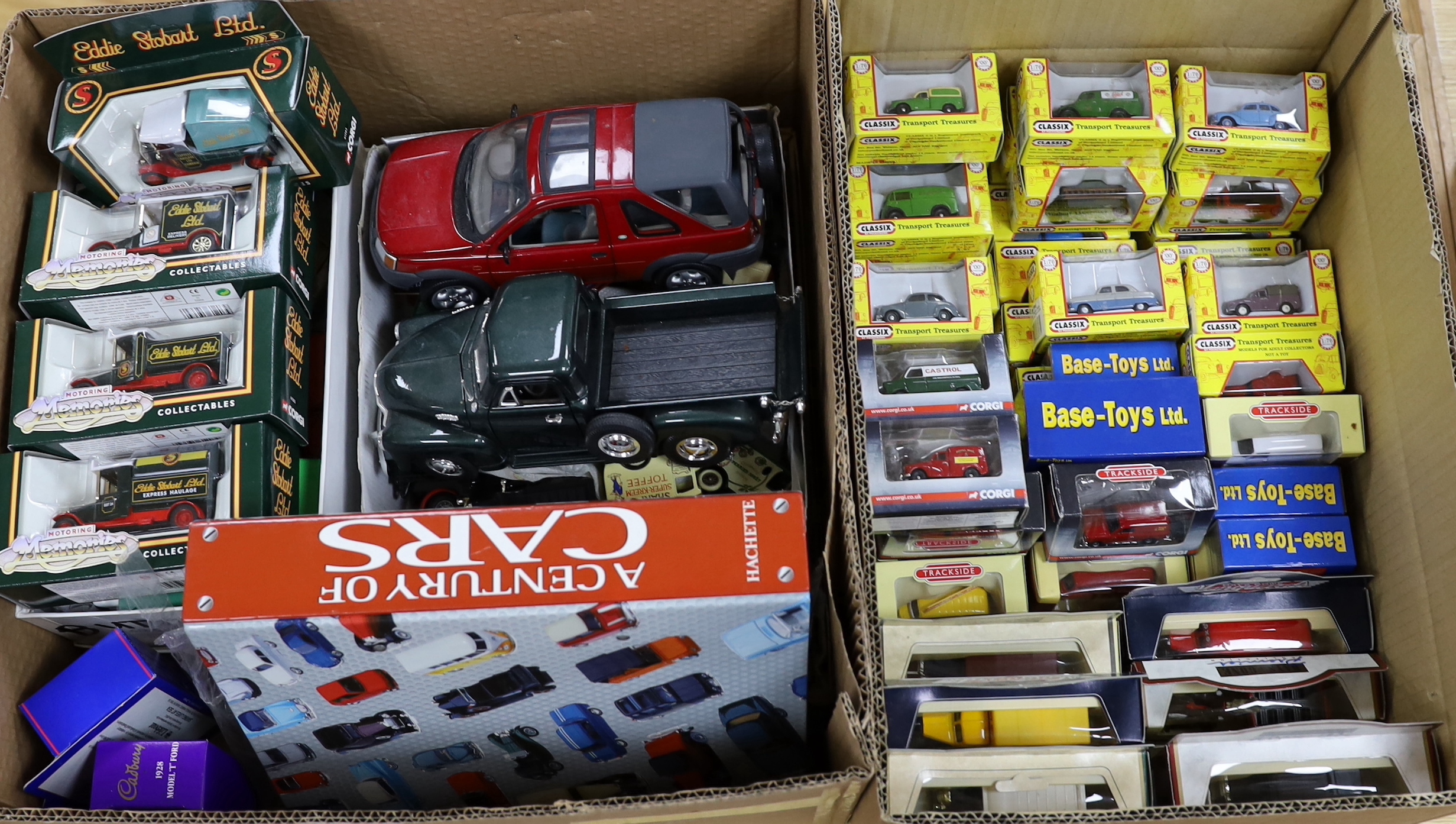 Two boxes of diecast vehicles including 48 boxed 00 gauge 1:76 scale vehicles by Classix, Corgi Trackside and Base Toys including 1960s-80s cars and light commercial vehicles